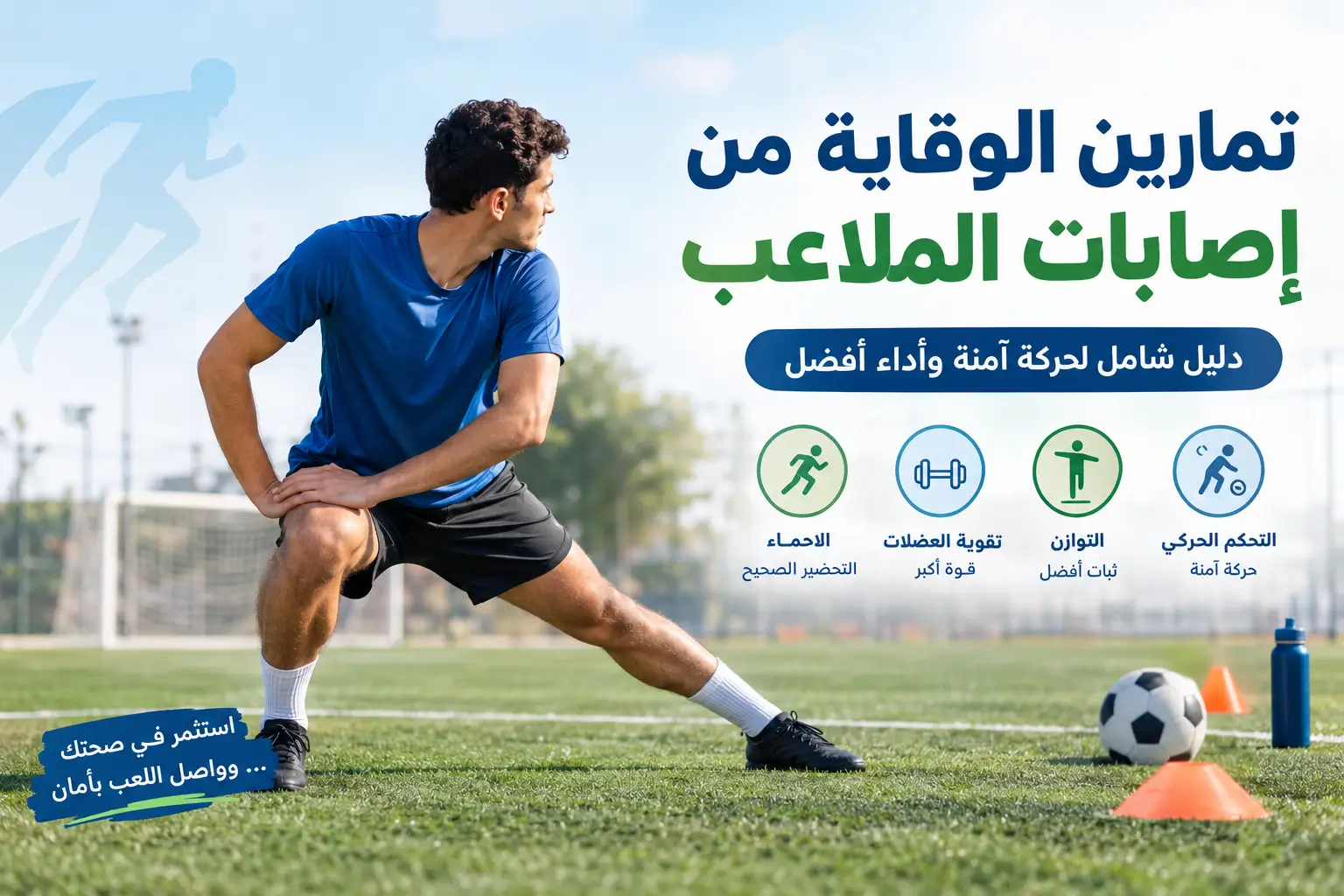 تمارين الوقاية من إصابات الملاعب من خلال الإحماء وتقوية العضلات والتوازن والتحكم الحركي.